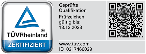 TÜV Rheinland Zertifikat – Geprüfte Qualifikation, gültig bis 18.12.2028